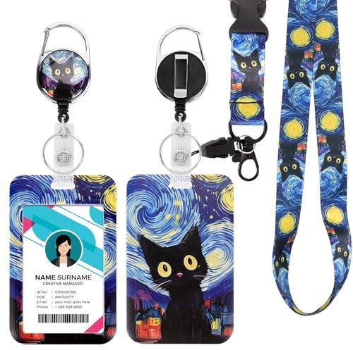 Ausweishülle mit Band, Id Badge Holder Breakaway Lanyard für, Einziehbare Badge Reel, Abnehmbare Namensschild Clips, Hals Lanyard Strap, Lehrer Büro Geschenke (Starry Night Katze)