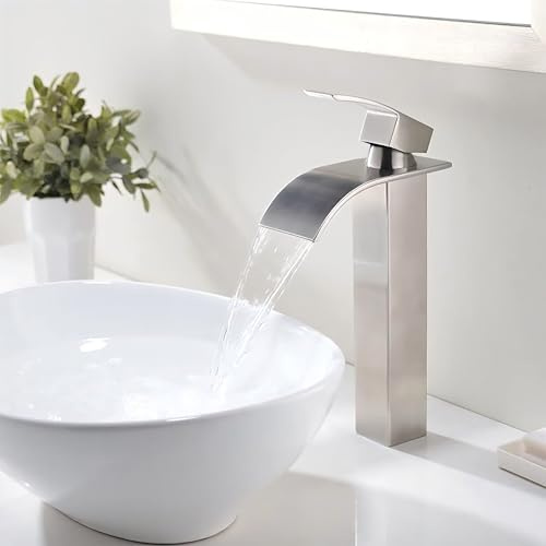 Djedjeo Rubinetto da bagno a cascata, rubinetto per lavabo, rubinetto per lavabo a una maniglia; bocca calda e fredda, silenzioso; rubinetto da bagno in ottone in acciaio inox (spazzolato-h)