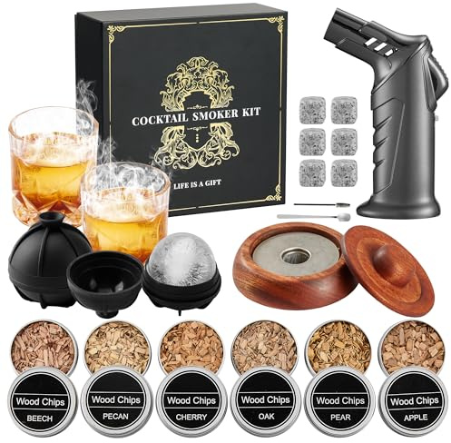 Kit Fumoir Whisky Prestige avec Chalumeau 2 Verres 6 Pierres Coffret | Coffret Whisky Cadeau Homme, 2 Verres, Bois Sapelli, 6 Pierres Granit, 2 Moules Glaçons, Old Fashioned, sans Butane