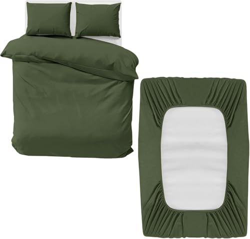 MOONLIGHT20015 Super King Bedding Set 4 Piece Duvet Cover Fitted Sheet with Pillow cases Soft Brushed Microfiber Duvet Cover sets Olive Green