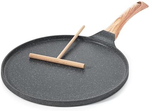 ATEK Crepe Pan Nonstick, 26cm Dosa Pan with Spreader | Granite Coating Pancake Flat Skillet for Stove Top, Induction Compatible