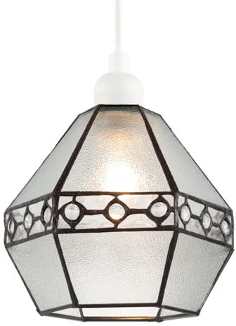 Industrial Style Pendant Lighting Shade with Frosted Crackle Glass and Clear Gems | 19cm x 17cm | Cast Antique Bronze Frame by Happy Homewares