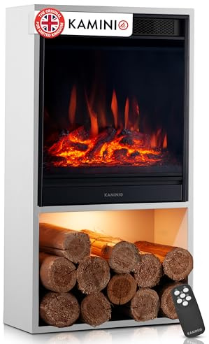 KAMINIO Electric Fireplace HUGO - Electric Stove with Heater, 3D Flame Effect, LED Mood Light, Wood Storage Compartment, Remote Control (White)