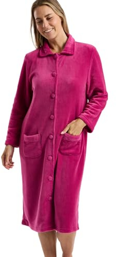 Marlon Ramona Robe de chambre confortable en polaire corail pour femme - Robe douce et chaude avec fermeture à boutons ou à glissière, col Claudine et poches, Framboise, 52-54