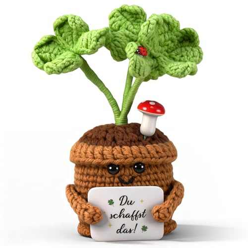 Glücksbringer Gestrickte Vierblättriges Kleeblatt Ermutigende Geschenke | Handgefertigte Gehäkelte Blumen Pocket Hug Pflanze Geschenk, Glücksbringer Lehrertag, Gute Besserung Prüfung Geschenke