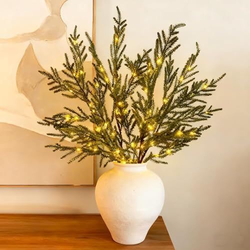 Vorbeleuchtete Kiefernstiele, Beleuchtete Norfolk-Kiefernzweige, Realistische Norfolk-Kiefernstiele, Künstliche Weihnachtskiefernadeln für DIY-Kränze, Vasenfüller, Innen- und Außendekoration (5 STÜCK)