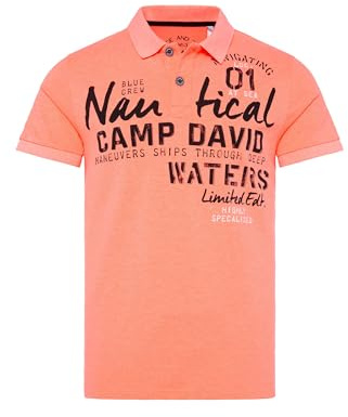 Camp David Herren Kurzarmpolo aus Pikee mit Artwork Speed Orange Neon, L