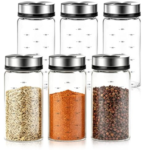 Lot de 6 pots à épices avec couvercle rotatif 200 ml, verre borosilicate, grands pots à épices avec 3 types de trous pour épices, pots à épices en verre, grandes boîtes à épices pour cuisine, salle à