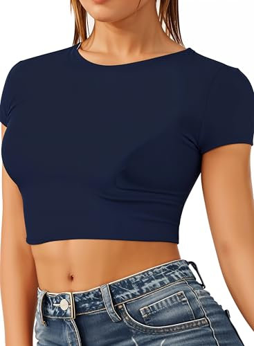 Re Tech UK - Women's Basic Ladies Short Sleeve Stretchy Crop Tops for Women, Slim Fit Crew Neck, Cropped T Shirt, Summer, Cute, Tshirt, Sizes 8-14 (S/M 8-10, Navy Blue)
