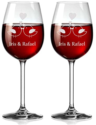 Leonardo Weingläser mit Gravur - Hochzeitsgläser Rotwein-Glas, Weißweingläser personalisiert 460 ml, Geschenkidee für Paare Hochzeitsgeschenk - Motiv Vogelpärchen