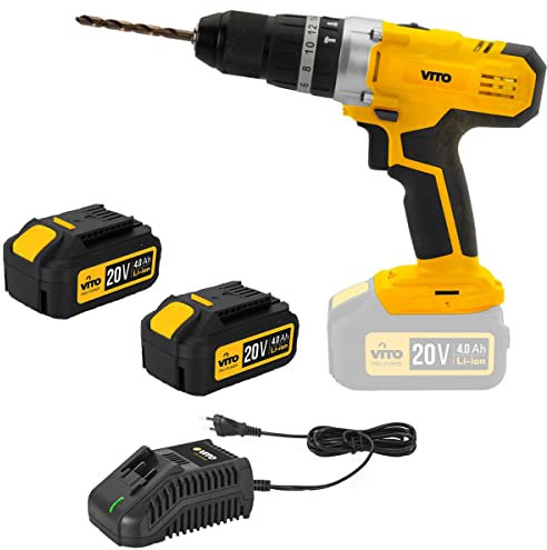Vitopower - Taladro atornillador inalámbrico (20 V, 2 baterías de 4,0 Ah, 1 cargador rápido)