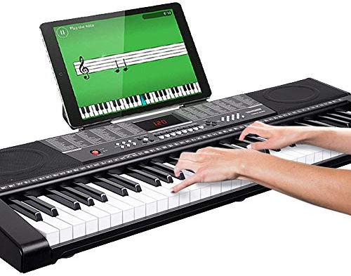 Bakaji Elektronische Musik-Tastatur, 61 Tasten, Klavier, multifunktional, mit 255 Rhythmen, 50 voreingestellten Songs, Schlagfunktion, USB-AUX-Eingang und Notenpult und Tablet
