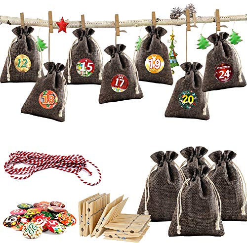 Adventskalender zum Befüllen, Weihnachtskalender Jutesäckchen zum Selberfüllen, 24 Geschenksäckchen Kette zum selber befüllbar und Aufhängen (Dunkelbraun, 10 x 14 cm)
