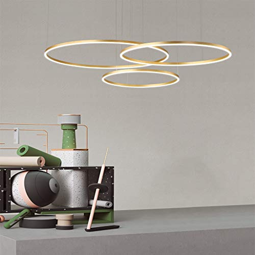FUMIMID LED Pendellampe Wohnzimmerlampe Pendelleuchte Dimmbar Mit Fernbedienung Kronleuchter Moderne Esstischlampe Aluminium Runde Acryl Beleuchtung Deckenleuchte,Gold,3laps40+60+80cm
