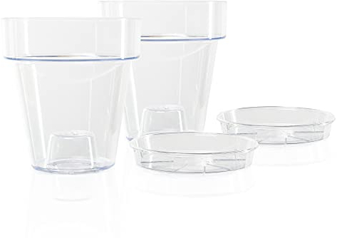 Kalapanta 2 Orchideentopf transparent aus Kunststoff mit Abflusslöchern und 2 Untertassen (2, Ø 14 cm)