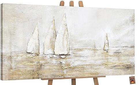 YS-Art Abstrakt Acryl Gemälde auf Leinwand Sonnenblendung handgemalt Wandbilder Wohnzimmer modern Wohndekor Bilder Büro Segelboote im Meer echte Kunst 200x100 cm
