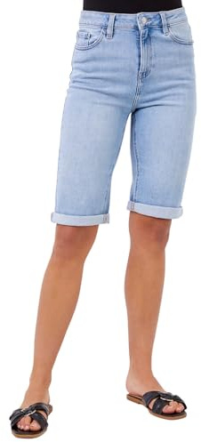 Roman Originals Denim Shorts for Women UK Ladies Knee Length Stretch Jean Cropped Capri Jegging Turn Up Hem Cut Off Summer High Waisted Trouser Smart Pants Casual - Light Denim - Size 14