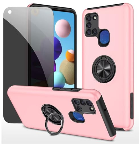 Dechyi Sichtschutz hülle für Samsung Galaxy A21S rosa Handyhülle mit Anti-Spähen aus gehärtetem Glas Displayschutzfolie mit Ringhalterung stoßfest, Kratzfest strapazierfähig Schutzhülle