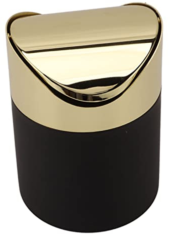 Mini Poubelle avec Couvercle, Poubelle de Bureau en Acier Inoxydable, Corbeille à Papier à Clapet pour la Maison, Le Bureau,la Cuisine,la Table de Toilette,la Chambre(Noir et Or)