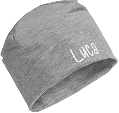 Personalisierte Kindermütze, Beanie für Kinder mit Wunschnamen, für Jungs, Mädchen, Unisex aus Baumwolle/Jersey (Grau meliert)