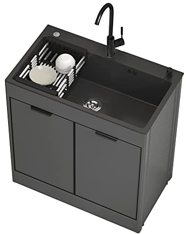 Fregadero con Patas Acero Exterior Jardin Negro Mueble Fregadero Cocina Pila Lavadero Fregadero de Acero Inoxidable Fregadero de Lavandería Portátil con Grifo y Desagüe Preparación Estación de trabajo