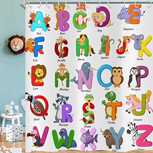 Hnmdmyi Duschvorhang Alphabet 180x180, Kinder Pädagogische Niedlichen Cartoon ABC Learning Tool Duschvorhänge Lustige Tiere Lehre Worte Bunte Badewanne Vorhang Wasserdicht Stoff Waschbar Badevorhang