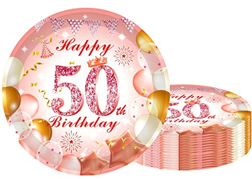 50th Party Plates 9 inch Rose Gold,50th·Birthday Paper Plates Rose Gold 16Pcs,50th Pink Rosegold Birthday Paper Tableware Set for Her Birthday·Gifts,50th·Women Birthday·Party Decorations