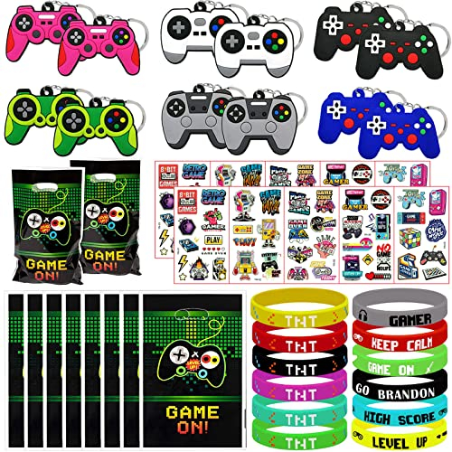 44 Stück Videospiele Party Mitgebsel Kindergeburtstag, Spiel Party Gastgeschenke Set mit Schlüsselanhänger Schnapparmbänder Geschenktüten Tattoo Aufkleber für Kinder Jungen Mädchen Geburtstagsdeko