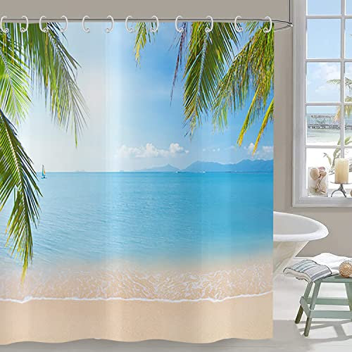 Hnmdmyi Duschvorhang Ozean Strand 180x200, Küsten Landschaft Meereswelle Tropische Palmenblätter Blauer Himmel Natur Szenerie Badewanne Vorhang Wasserdicht Polyester Stoff Waschbar Badevorhang