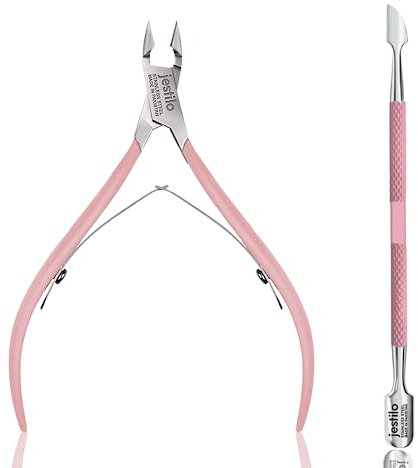 Jestilo Cuticle Remover Tool Set with Cuticle Cutter and Cuticle Pusher - Stainless Steel Professional Cuticle Nipper and Pusher Nail Care Tools for Salon and Level Mani-Pedi at Home - Silver (Pink)