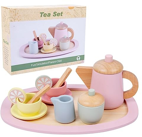 Services à Thé en Bois Enfants Jouets de Jeu de Rôle de Thé Service à Café avec Théière Tasses à Thé Cuillères Plateau Amusant Jouets de Cuisine pour Filles et Garçons à Partir de 3 Ans, 12pcs
