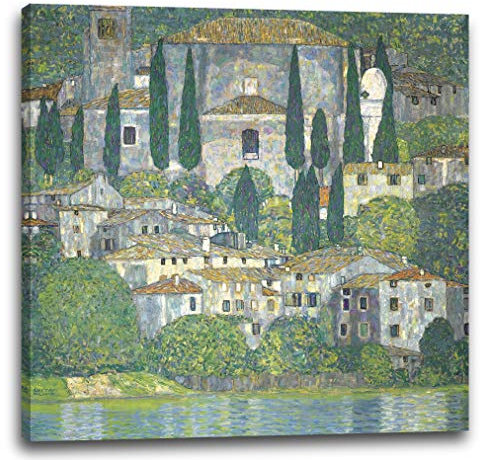 Leinwandbild (20x20cm) Gustav Klimt: Kirche in Cassone (Landschaft mit Zypressen) (1913), Leinwand auf Keilrahmen gespannt und fertig zum Aufhängen, hochwertiger Kunstdruck aus deutscher Produktion