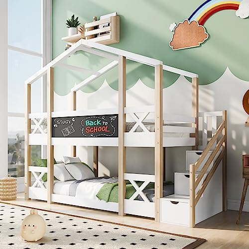 Hochbett mit Treppe Schubladen, Kinderbett Baumhaus Etagenbett Stockbett für 2 Kinder mit Rausfallschutz, Tafel und 2 Lattenrost, Massivholz Hausbett Jugendbett Doppelbett, 90 x 200 cm, Natur & Weiß