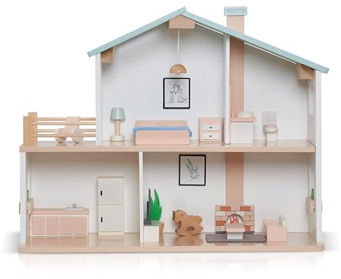 Jewelkeeper Puppenhaus Holz - Mehrfarbig - Spielpuppenhaus für Kinder ab 3+ - 20 Teile - Aus Holz und Stoff - Großartig für die Augen-Hand-Koordination
