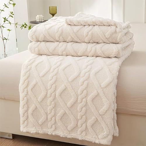 VANJOROY Fleece Blanket Large Throw for Sofa and Bed,400 GSM Lightweight Blanket, 100% Microfiber Fuzzy Soft Warm Cozy Fluffy Wool Throw for Chair,Couch,Travel.. (150×200cm, Beige White)