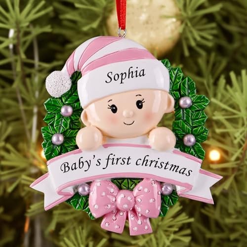 Bemaystar Personalised Babys First Christmas Bauble - 2024 with Name, Girl in Wreath, Pink Christmas Decoration, Xmas Gift for Newborn Granddaughter