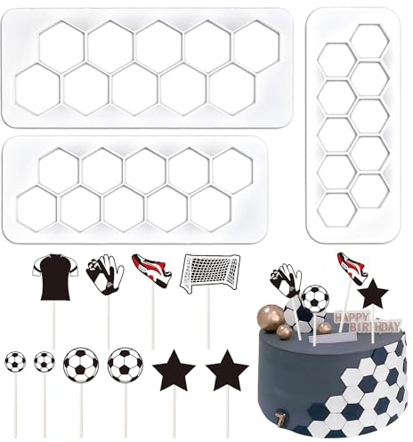 Lot de 3 bandes de gaufrage hexagonales avec 10 inserts de décoration, moules à gâteau fondant, outils de découpe géométriques, décorations de gâteau sur le thème du football, outils de cuisson DIY (3