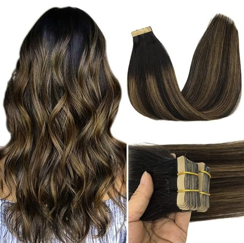 GOO GOO Tape in Extensions Echthaar, 30cm 40g 20pcs, Haarverlängerung Echthaar, 1B/6/1B Naturschwarz mit Kastanienbraun