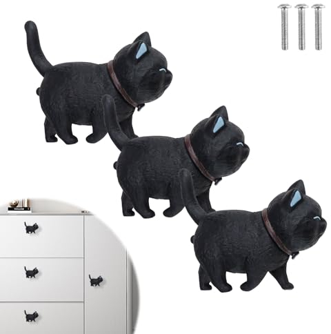 TIANLIN Katzenförmiger Möbelknöpfe Kinder, 3 Stück Schwarze Katze Knauf für Schrank, Möbelgriffe, Katzenkopf Kann Rotieren, Geeignet für Kleiderschränke, Schränke, Schubladen