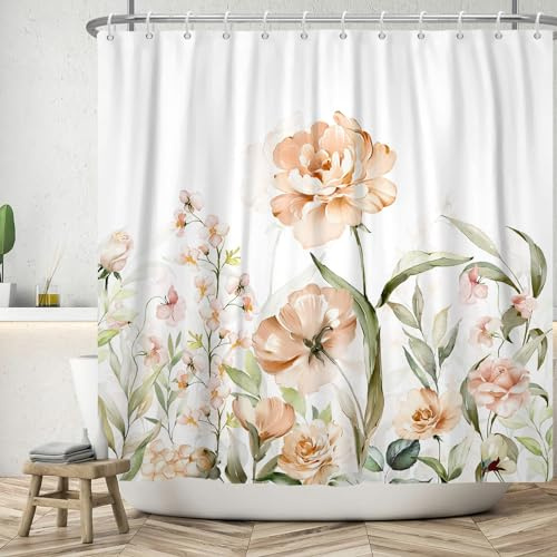 ASDCXZ Rideau de Douche Fleurs 180x200 cm, Printemps Fleurs Roses Feuilles Vertes Blanc Lavables Textile Rideau de Bain imperméable pour Baignoire avec 12 Crochets