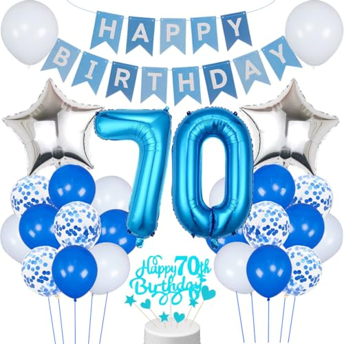 Conruich 70. Geburtstag Dekoration: 30-teiliges Dekorationsset mit Luftballons, Banner, Cake Toppern in Blau für Männer ab 70 Jahren