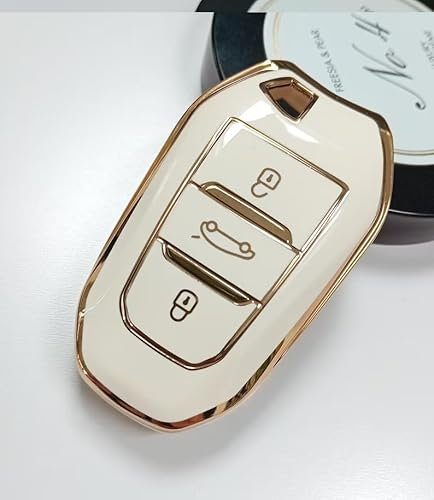 Cover Guscio Chiave TPU Lucida Compatibile Con Peugeot 308 408 508 2008 3008 5008 Citroen C4 DS3 DS4 DS5 Silicone 3 Tasti Custodia Protezione Telecomando Auto Dorato (Bianco - Oro)