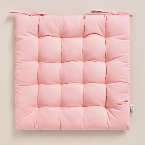 ROOM99 Coussins de Chaise avec Rubans Carmen 40 x 40 x 4,5 cm Coussin d'assise rembourré, Galette de Chaise Interieur avec Attaches, antidérapants pour siège Le Coton Rose poudré, 1 pièce