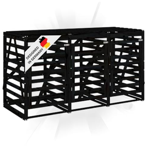 DELUKE 3er Mülltonnenbox Kiefernholz BOUMI | 240x91,5x128,5cm Schwarz | Mülltonnenverkleidung für 3 Tonnen Müllbox aus Holz Mülltonnenschutz Mülltonnendach