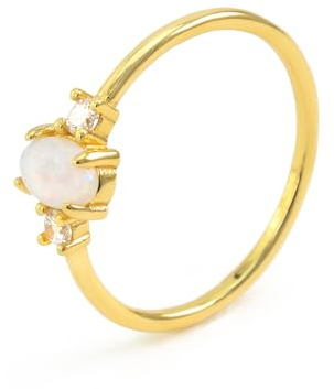 UNIQA JEWELS Damenring aus 925er Sterlingsilber, 18 K vergoldet, mit kubischem Zirkonia und Opalstein, Versprechen Ring Liebe Ringe Verlobung Jahrestag Schmuck Geschenk, 52, 18 kt Gold, Opal