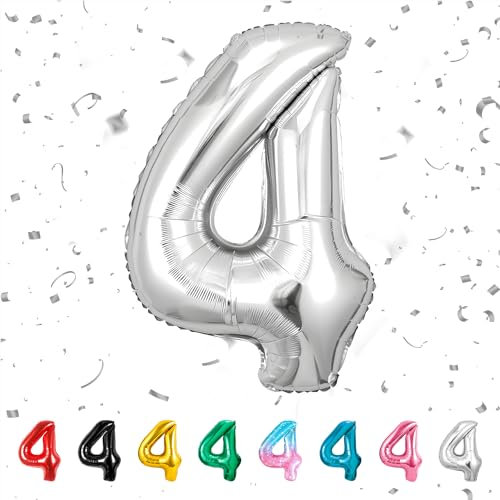 alloon Geburtstag zahlen Silber luftballon 4 jahre | Folienballon 4 -für Mädchen Junge Folienballon in 40Geburtstagsdeko - Kindergeburtstag Ballon Zahl Deko zum Geburtstag - fliegt mit Helium
