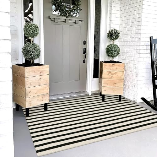 OJIA Small Outdoor Rug 3'x5', Front Door Mat Outdoor Entrance Machine Washable Rugs Cotton Hand Woven Striped Entryway Rugs Indoor Door Mat Black and Cream White Area Rug for Porch/Backyard