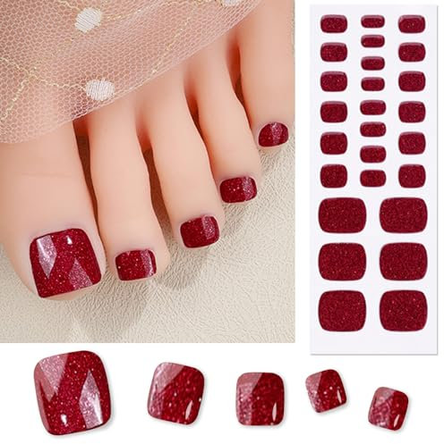 Boloshine Semi Cured Gel Toenail Stickers, 26Pcs Glitter Soft Toenail Polish Strips, Self-Adhesive Toe Nail Wraps, UV/LED Lamp Required - The Crimson-Clad Dancer