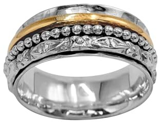 81stgeneration Breiter Gehämmerter Drehring aus Sterlingsilber für Damen | Ring zur Angstlinderung mit 3 Drehbändern Messing Perlen und Blumenmuster | Mehrband-Zappelringe zur Stresslinderung