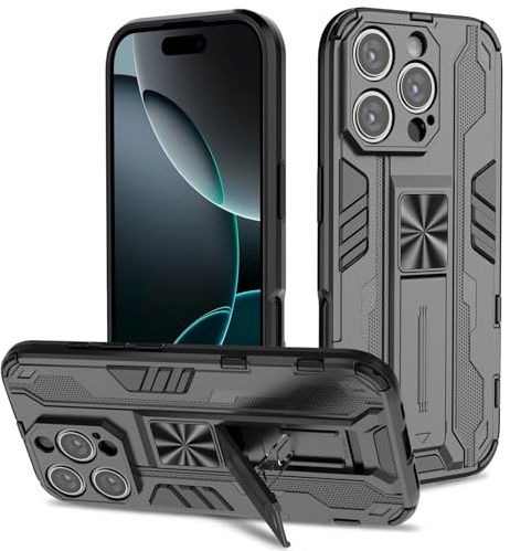 Btstring Case for iPhone 16 Pro, Shockproof Phone Case with Stand, Heavy Duty Personalised Case Cover Support Magnetic Car Holder, Black